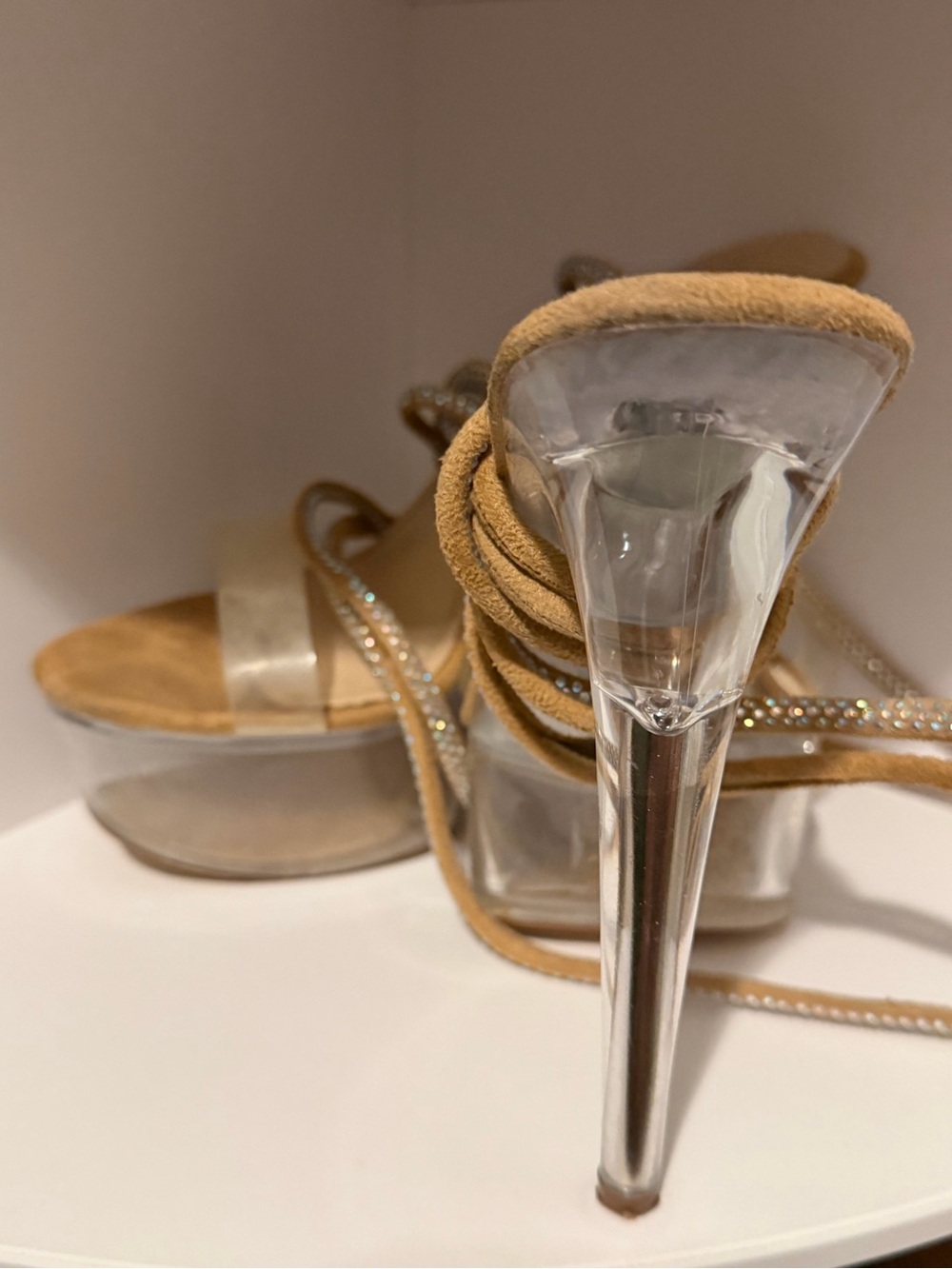 Strappy Clear Stiletto Sandals in Tan